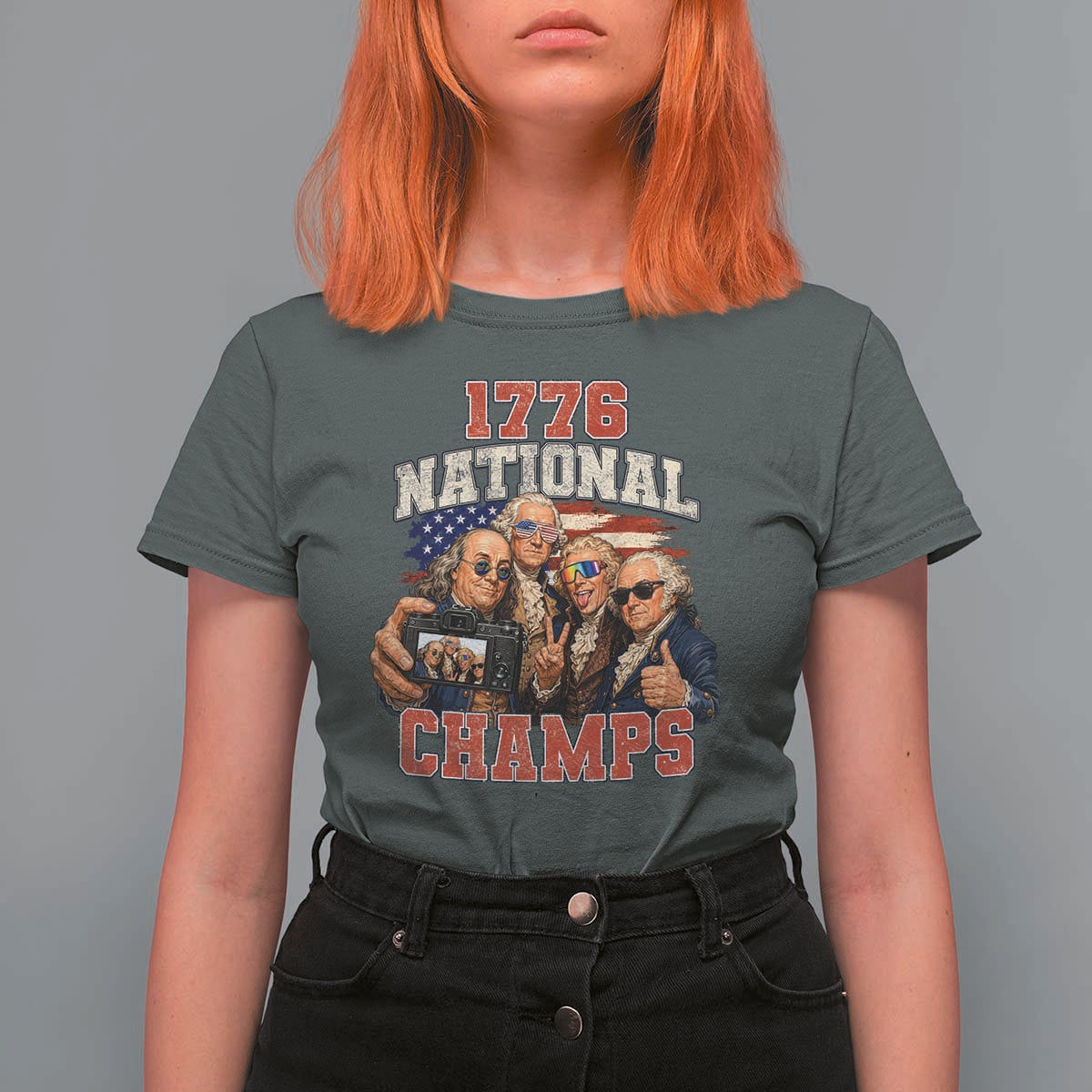 1776 National Champs Funny Founding Fathers Selfie Graphic T Shirt For Women George Washington and Ben Franklin Cool Sunglasses Patriotic