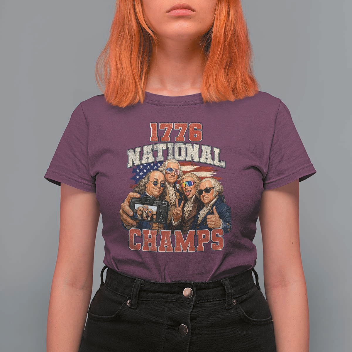 1776 National Champs Funny Founding Fathers Selfie Graphic T Shirt For Women George Washington and Ben Franklin Cool Sunglasses Patriotic