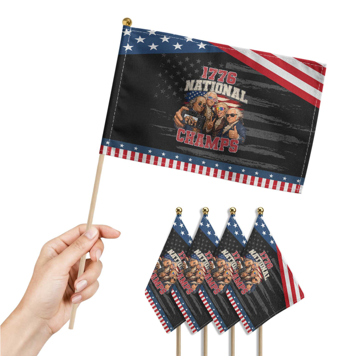 1776 National Champs Funny Founding Fathers Selfie Graphic Patriotic Handheld Flag George Washington and Ben Franklin Cool Sunglasses