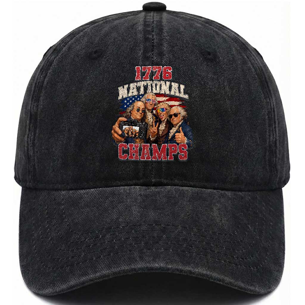 1776 National Champs Funny Founding Fathers Selfie Graphic Washed Cotton Baseball Cap George Washington and Ben Franklin Cool Sunglasses Patriotic
