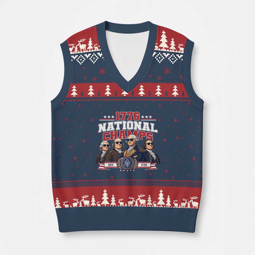 1776 National Champs Est 1776 Vintage Seal V-Neck Knit Sweater Vest Funny Cool Sunglasses Presidents and Founding Fathers Sports Style Patriotic