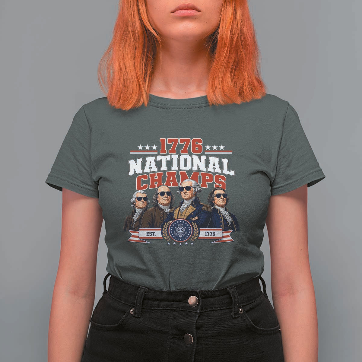 1776 National Champs Est 1776 Vintage Seal T Shirt For Women Funny Cool Sunglasses Presidents and Founding Fathers Sports Style Patriotic