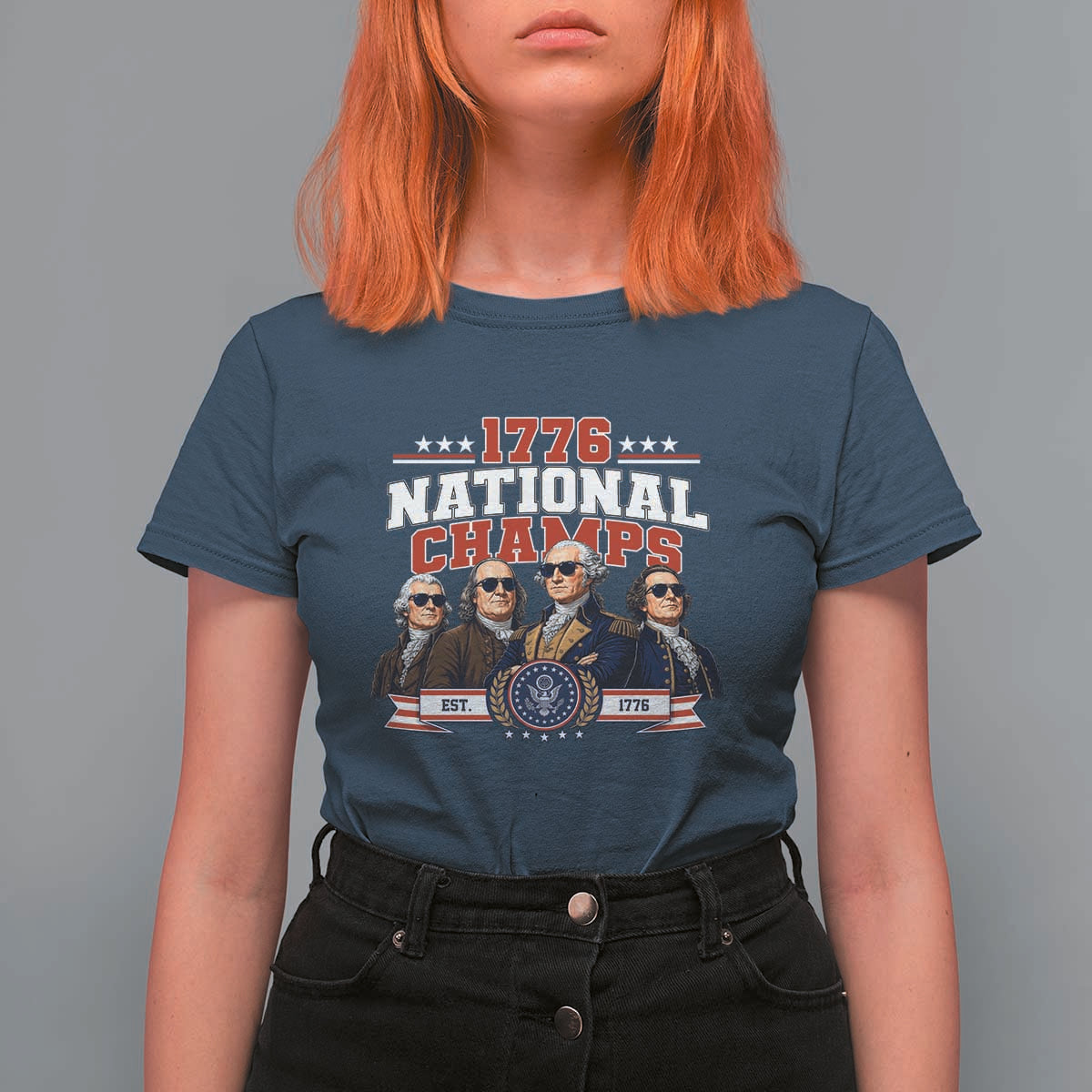 1776 National Champs Est 1776 Vintage Seal T Shirt For Women Funny Cool Sunglasses Presidents and Founding Fathers Sports Style Patriotic