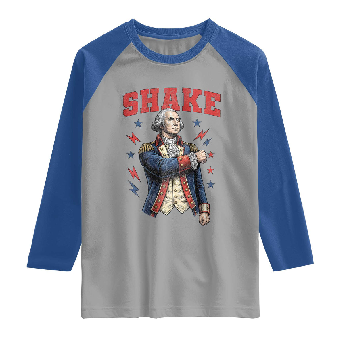 Shake Funny George Washington Patriotic Graphic Matching Raglan Shirt Vintage Founding Father Distressed Stars and Lightning Bolts Dynamic Duo