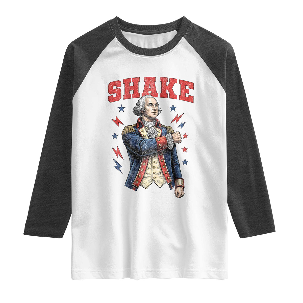 Shake Funny George Washington Patriotic Graphic Matching Raglan Shirt Vintage Founding Father Distressed Stars and Lightning Bolts Dynamic Duo