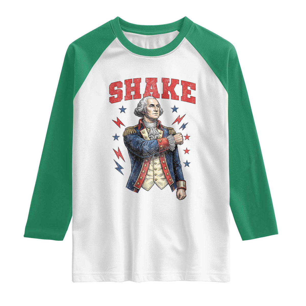 Shake Funny George Washington Patriotic Graphic Matching Raglan Shirt Vintage Founding Father Distressed Stars and Lightning Bolts Dynamic Duo