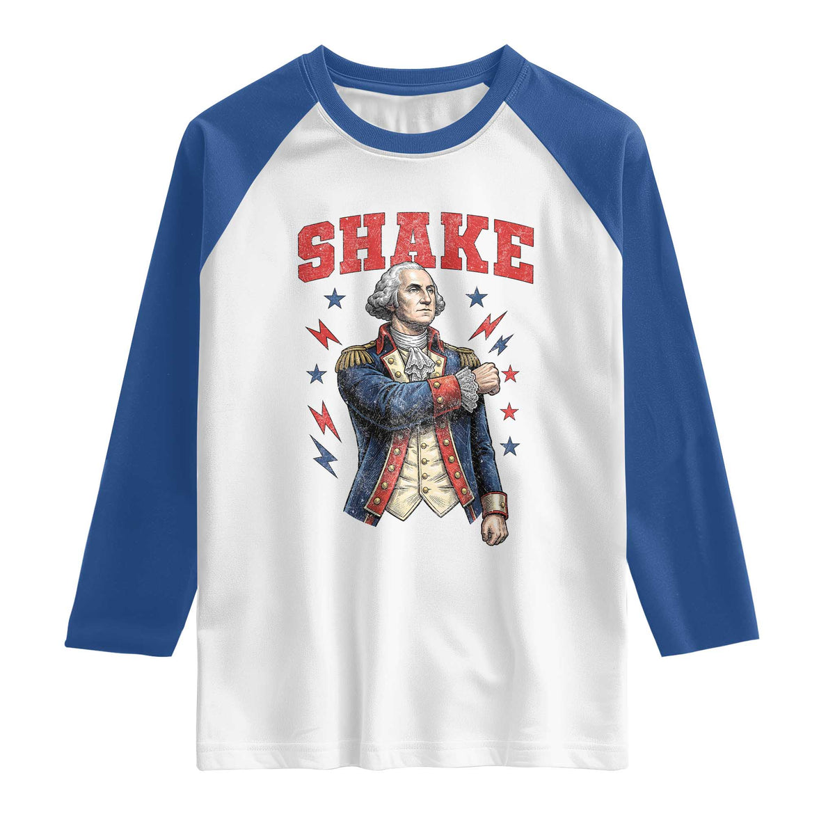 Shake Funny George Washington Patriotic Graphic Matching Raglan Shirt Vintage Founding Father Distressed Stars and Lightning Bolts Dynamic Duo