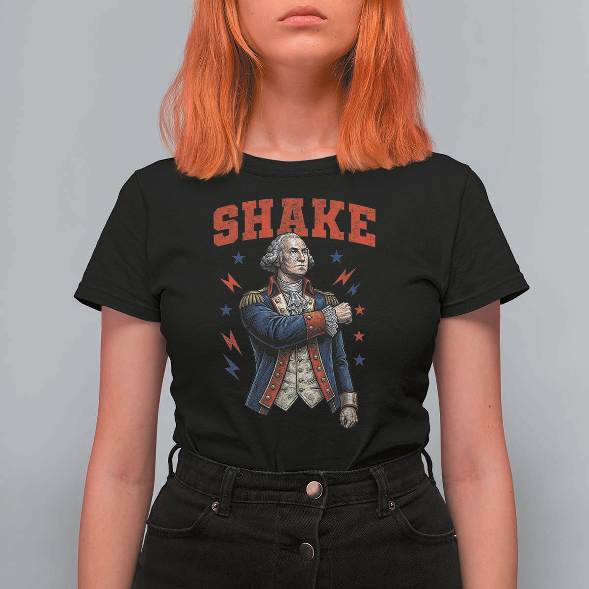 Shake Funny George Washington Patriotic Graphic Matching T Shirt For Women Vintage Founding Father Distressed Stars and Lightning Bolts Dynamic Duo