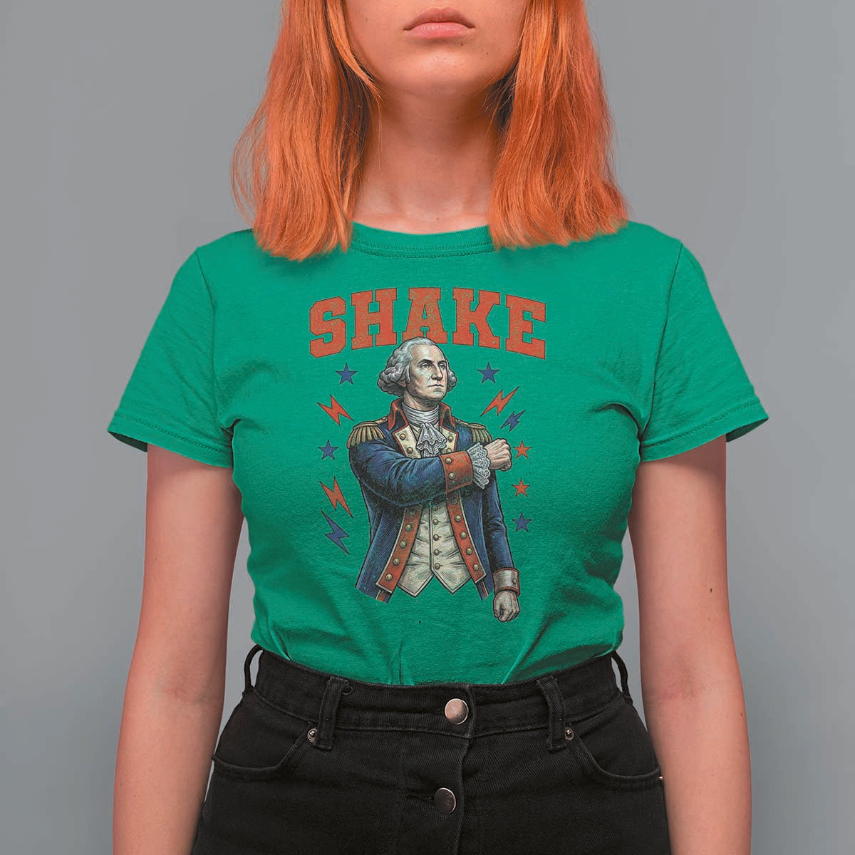 Shake Funny George Washington Patriotic Graphic Matching T Shirt For Women Vintage Founding Father Distressed Stars and Lightning Bolts Dynamic Duo