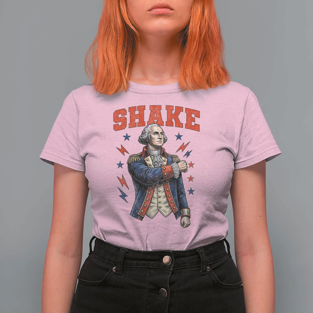 Shake Funny George Washington Patriotic Graphic Matching T Shirt For Women Vintage Founding Father Distressed Stars and Lightning Bolts Dynamic Duo