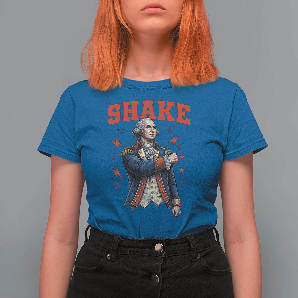 Shake Funny George Washington Patriotic Graphic Matching T Shirt For Women Vintage Founding Father Distressed Stars and Lightning Bolts Dynamic Duo