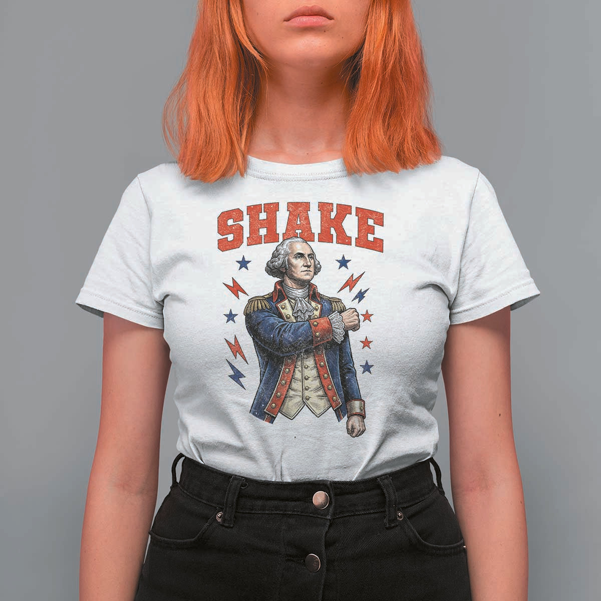 Shake Funny George Washington Patriotic Graphic Matching T Shirt For Women Vintage Founding Father Distressed Stars and Lightning Bolts Dynamic Duo