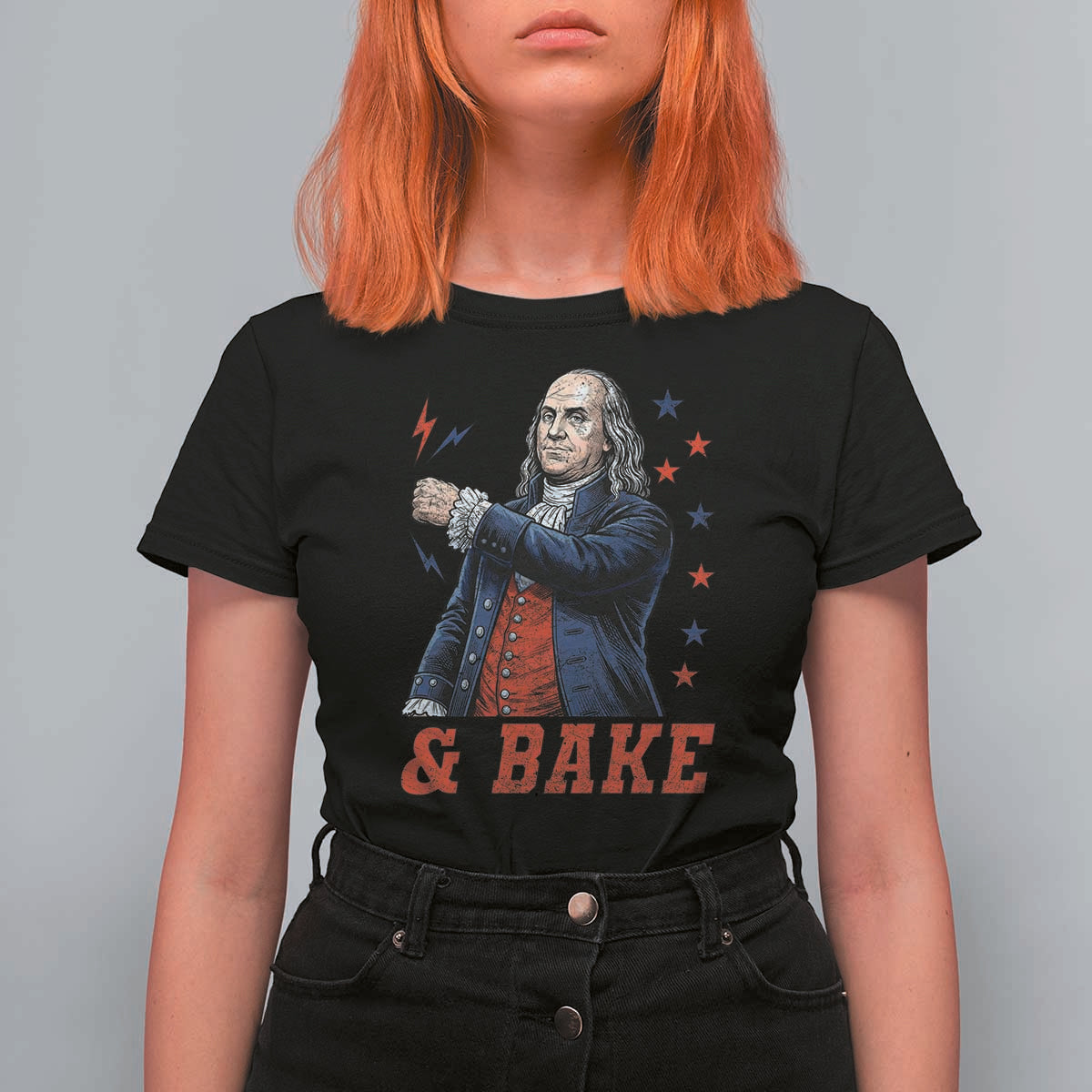 And Bake Funny Benjamin Franklin Patriotic Graphic Matching T Shirt For Women Vintage Founding Father Distressed Stars and Lightning Bolts Dynamic Duo