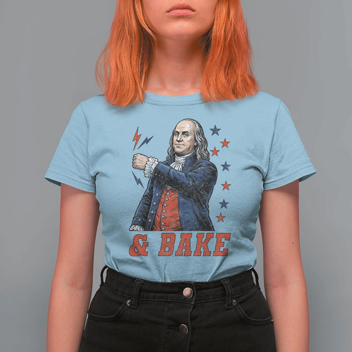 And Bake Funny Benjamin Franklin Patriotic Graphic Matching T Shirt For Women Vintage Founding Father Distressed Stars and Lightning Bolts Dynamic Duo