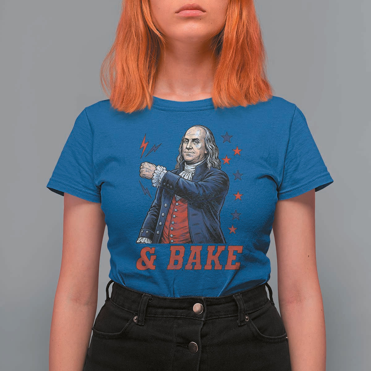 And Bake Funny Benjamin Franklin Patriotic Graphic Matching T Shirt For Women Vintage Founding Father Distressed Stars and Lightning Bolts Dynamic Duo