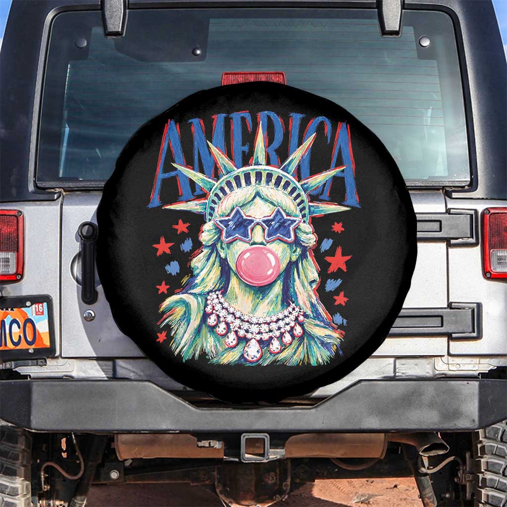 America Statue of Liberty Blowing Bubblegum Spare Tire Cover Star and Glasses Patriotic Summer Vibes Graphic