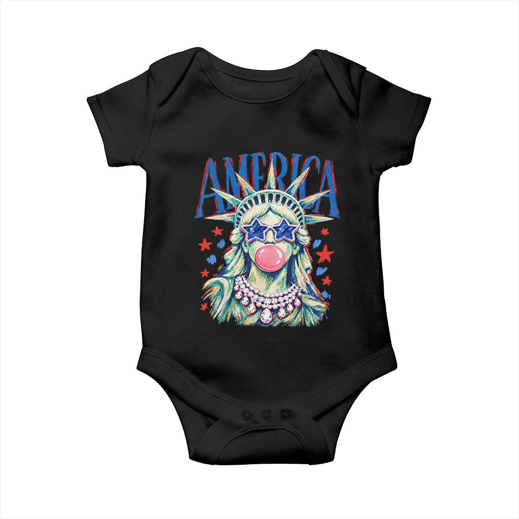 America Statue of Liberty Blowing Bubblegum Baby Onesie Star and Glasses Patriotic Summer Vibes Graphic