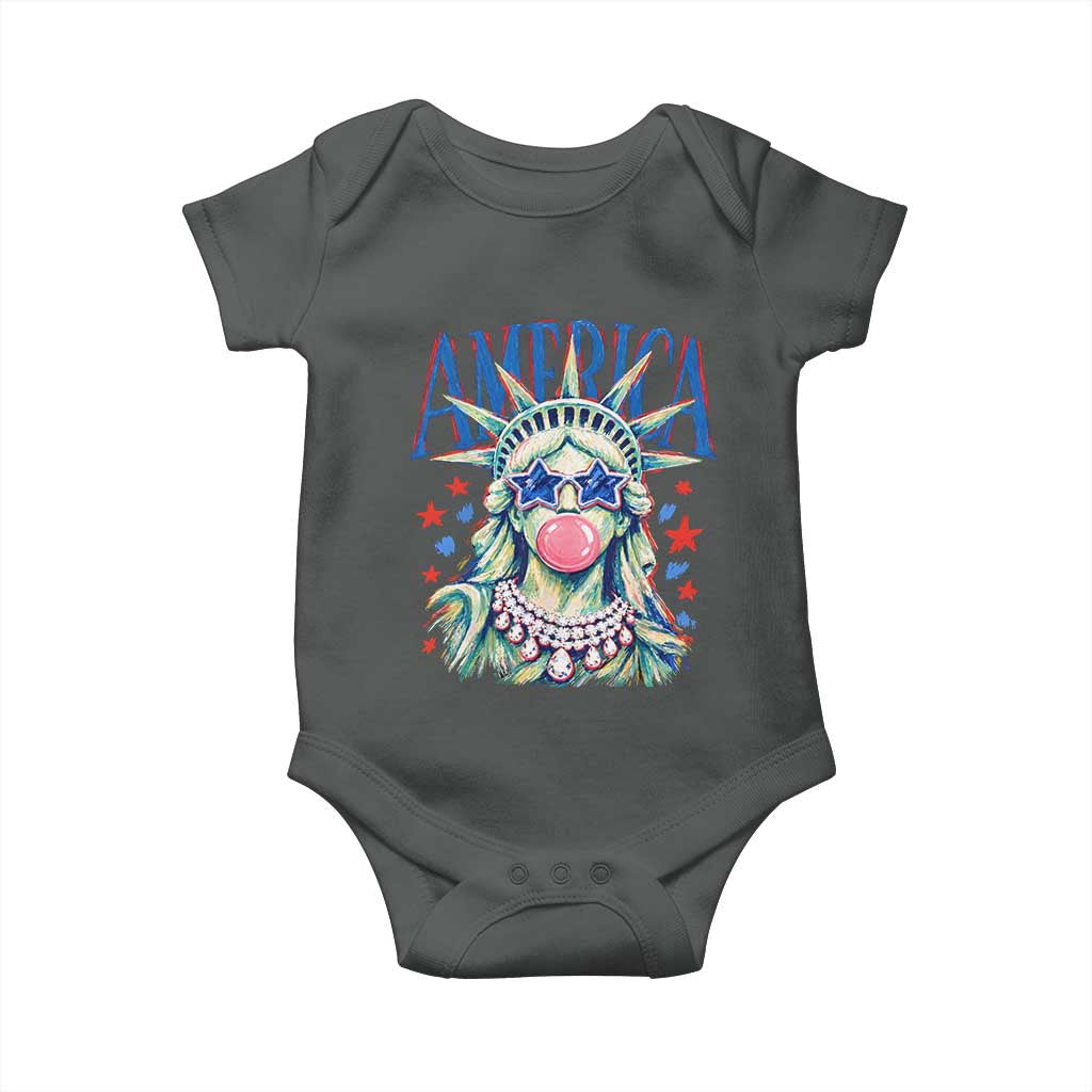 America Statue of Liberty Blowing Bubblegum Baby Onesie Star and Glasses Patriotic Summer Vibes Graphic