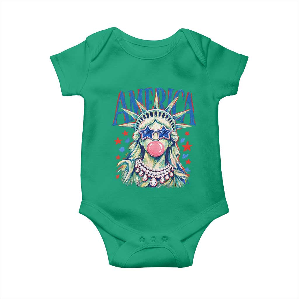 America Statue of Liberty Blowing Bubblegum Baby Onesie Star and Glasses Patriotic Summer Vibes Graphic