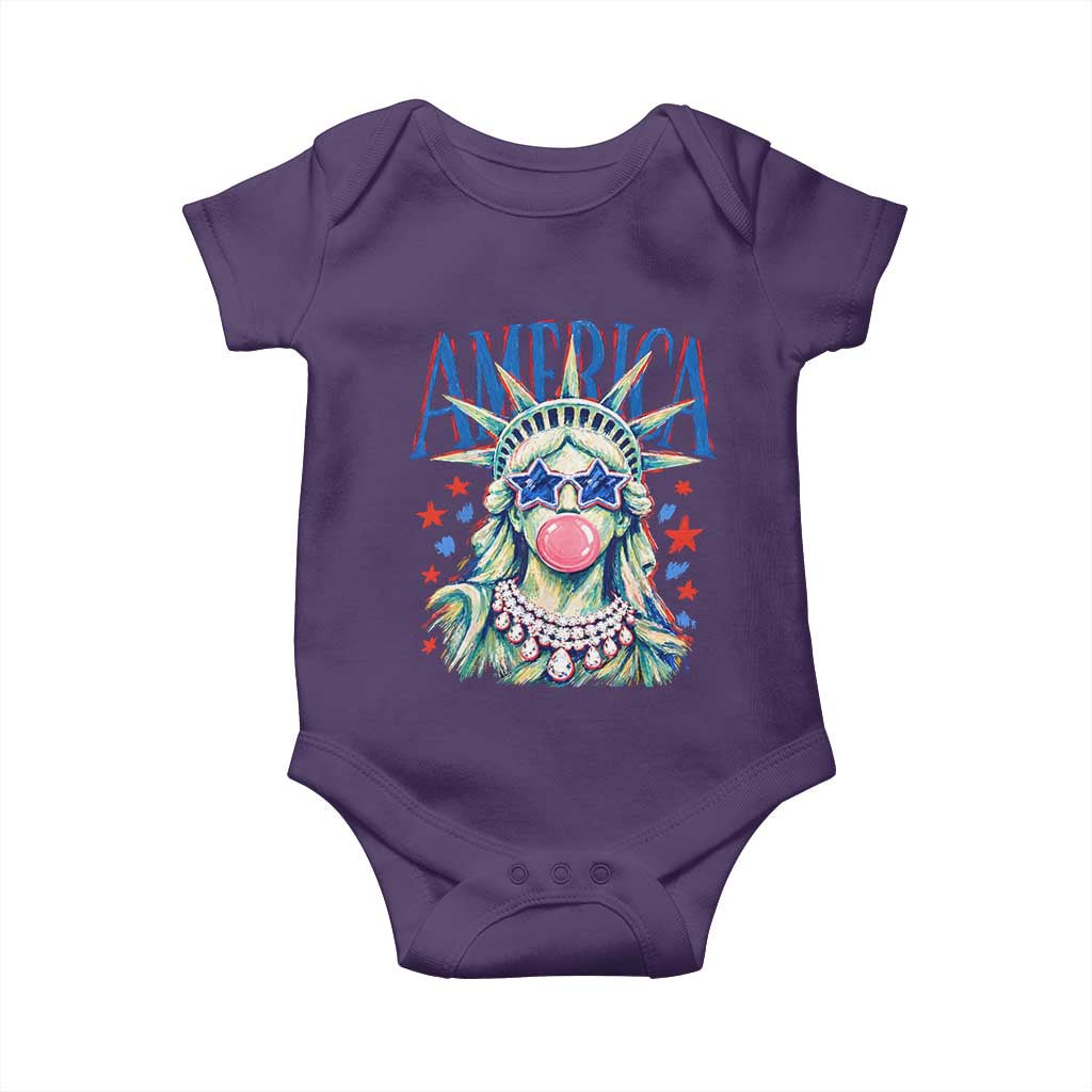 America Statue of Liberty Blowing Bubblegum Baby Onesie Star and Glasses Patriotic Summer Vibes Graphic