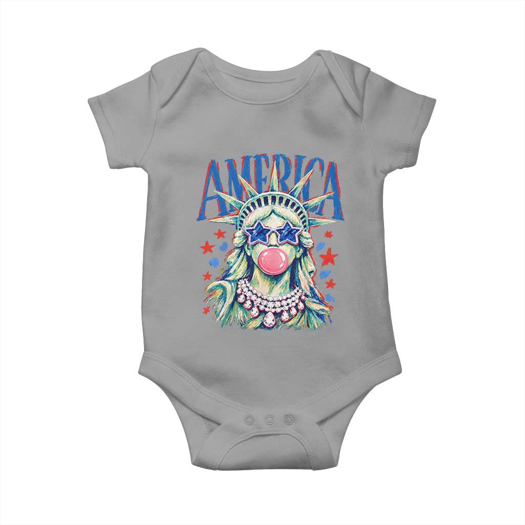 America Statue of Liberty Blowing Bubblegum Baby Onesie Star and Glasses Patriotic Summer Vibes Graphic
