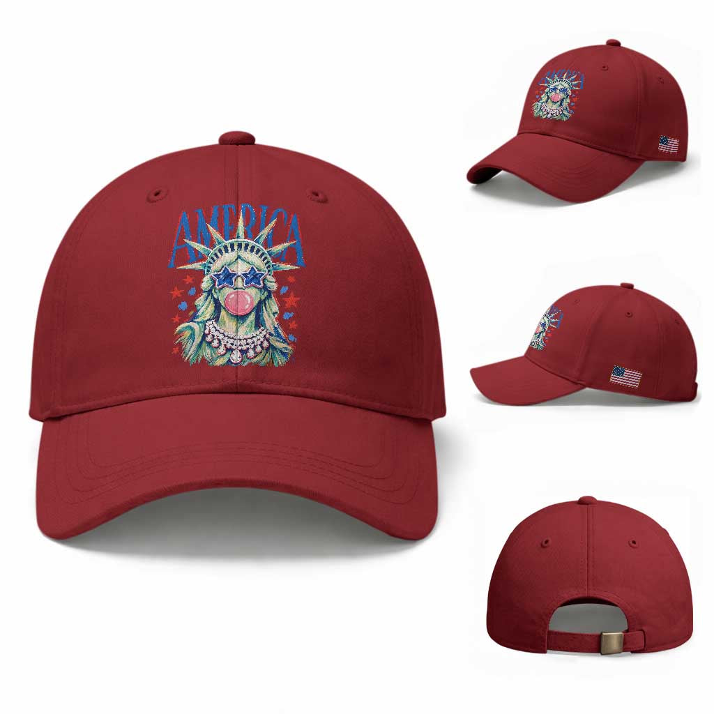 America Statue of Liberty Blowing Bubblegum Baseball Cap Star and Glasses Patriotic Summer Vibes Graphic