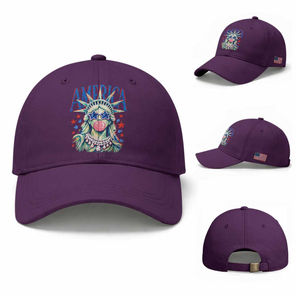 America Statue of Liberty Blowing Bubblegum Baseball Cap Star and Glasses Patriotic Summer Vibes Graphic