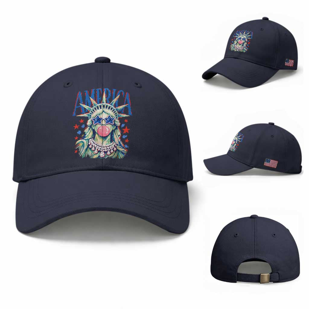 America Statue of Liberty Blowing Bubblegum Baseball Cap Star and Glasses Patriotic Summer Vibes Graphic