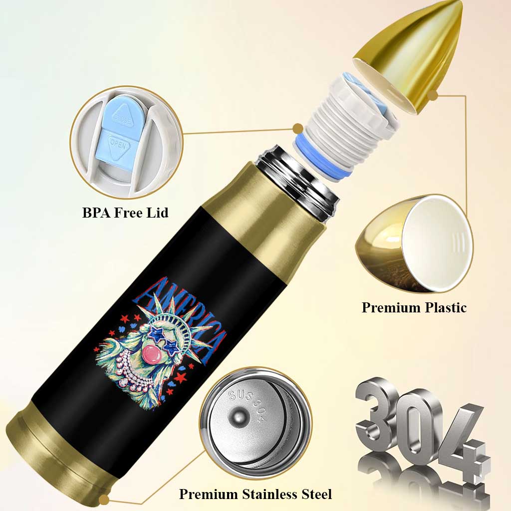 America Statue of Liberty Blowing Bubblegum Bullet Tumbler Star and Glasses Patriotic Summer Vibes Graphic