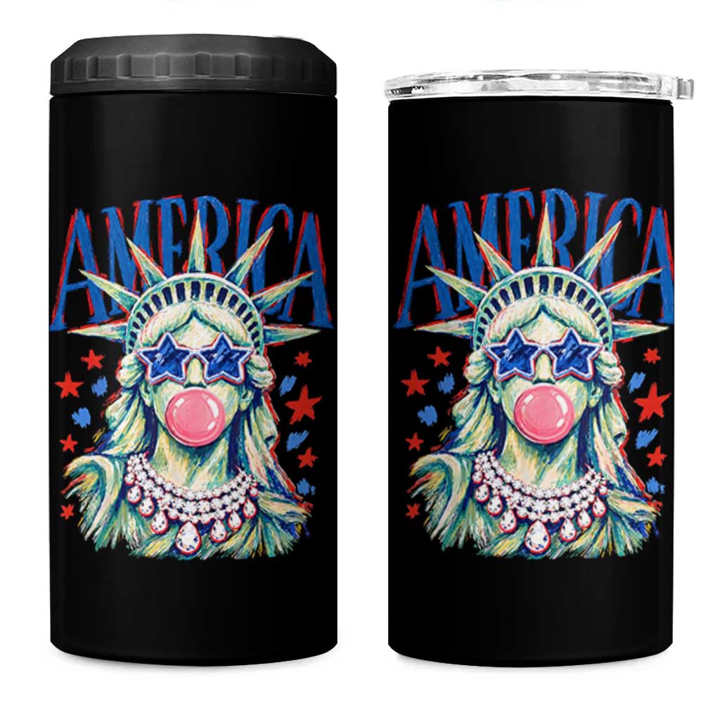 America Statue of Liberty Blowing Bubblegum 4 in 1 Can Cooler Tumbler Star and Glasses Patriotic Summer Vibes Graphic