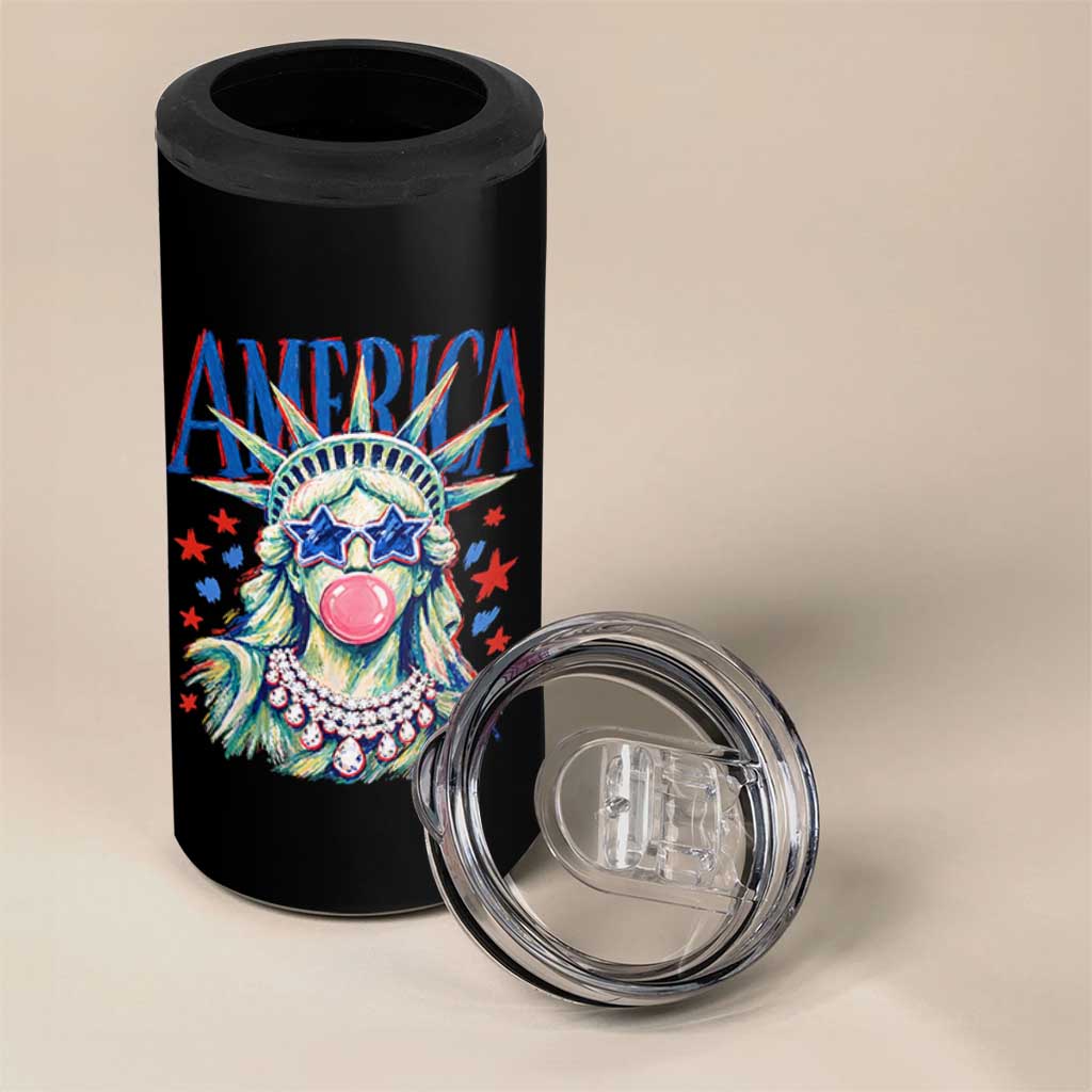 America Statue of Liberty Blowing Bubblegum 4 in 1 Can Cooler Tumbler Star and Glasses Patriotic Summer Vibes Graphic