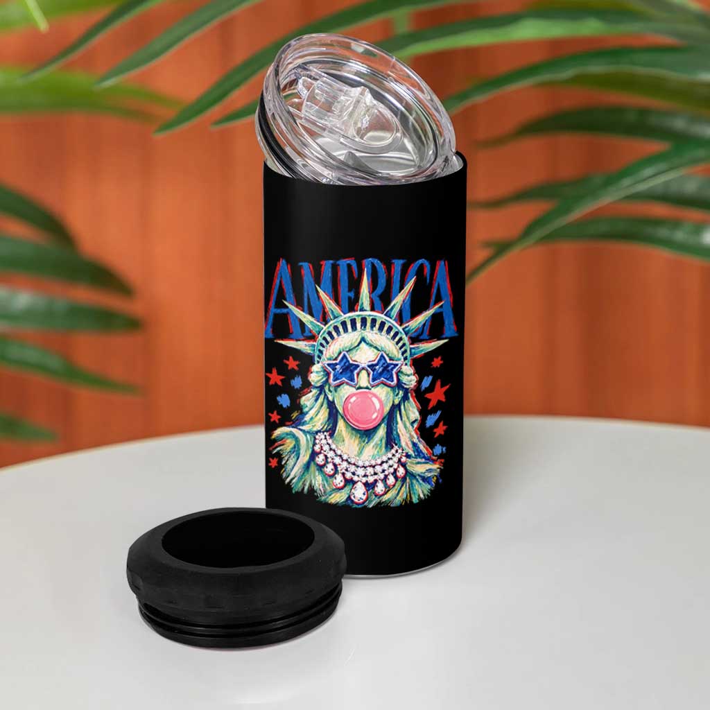 America Statue of Liberty Blowing Bubblegum 4 in 1 Can Cooler Tumbler Star and Glasses Patriotic Summer Vibes Graphic