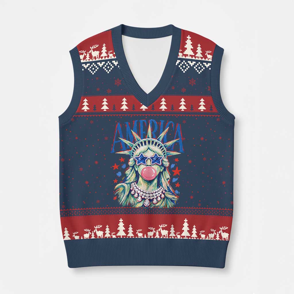 America Statue of Liberty Blowing Bubblegum V-Neck Knit Sweater Vest Star and Glasses Patriotic Summer Vibes Graphic