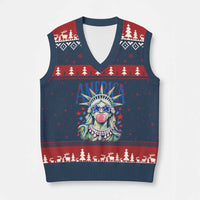 America Statue of Liberty Blowing Bubblegum V-Neck Knit Sweater Vest Star and Glasses Patriotic Summer Vibes Graphic