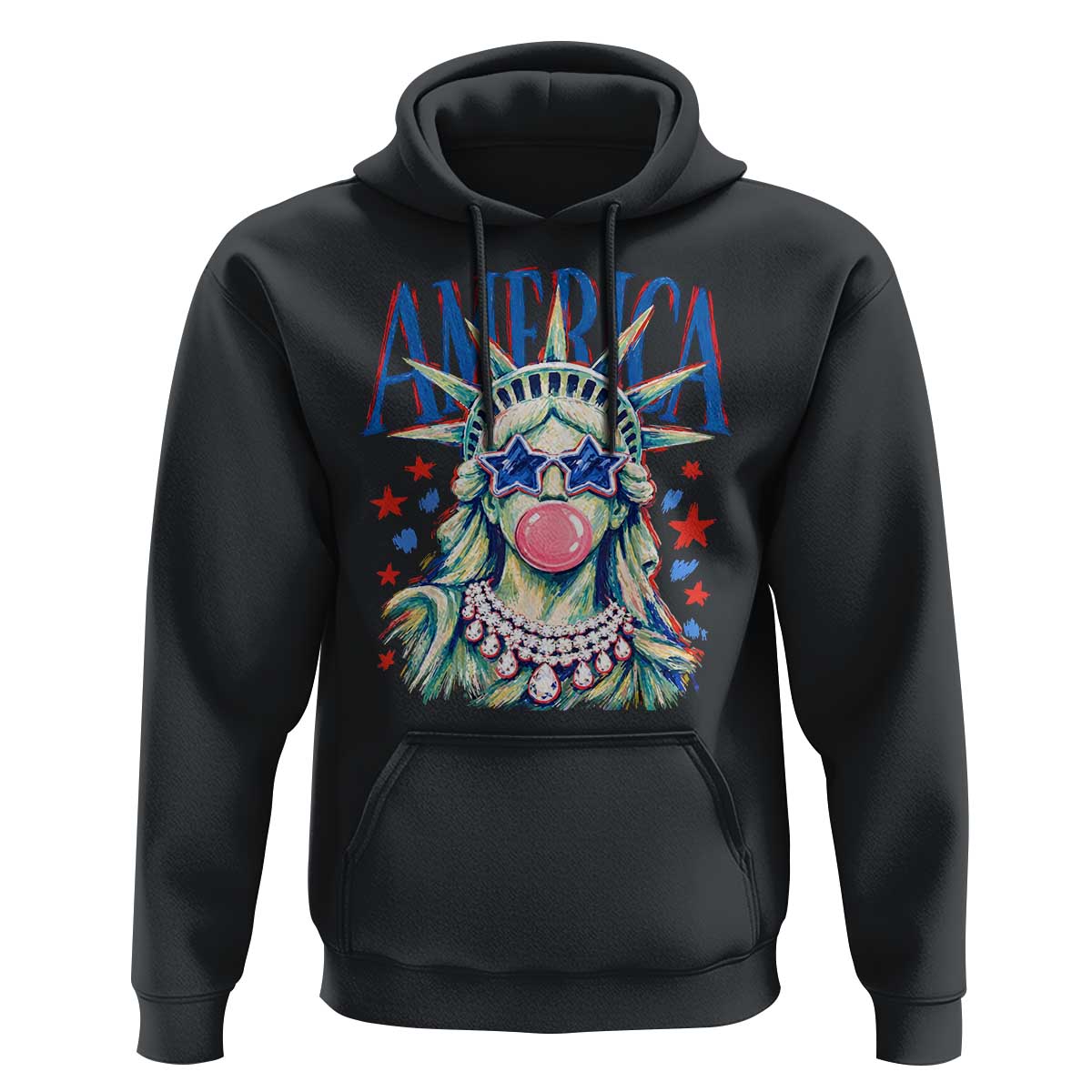 America Statue of Liberty Blowing Bubblegum Hoodie Star and Glasses Patriotic Summer Vibes Graphic