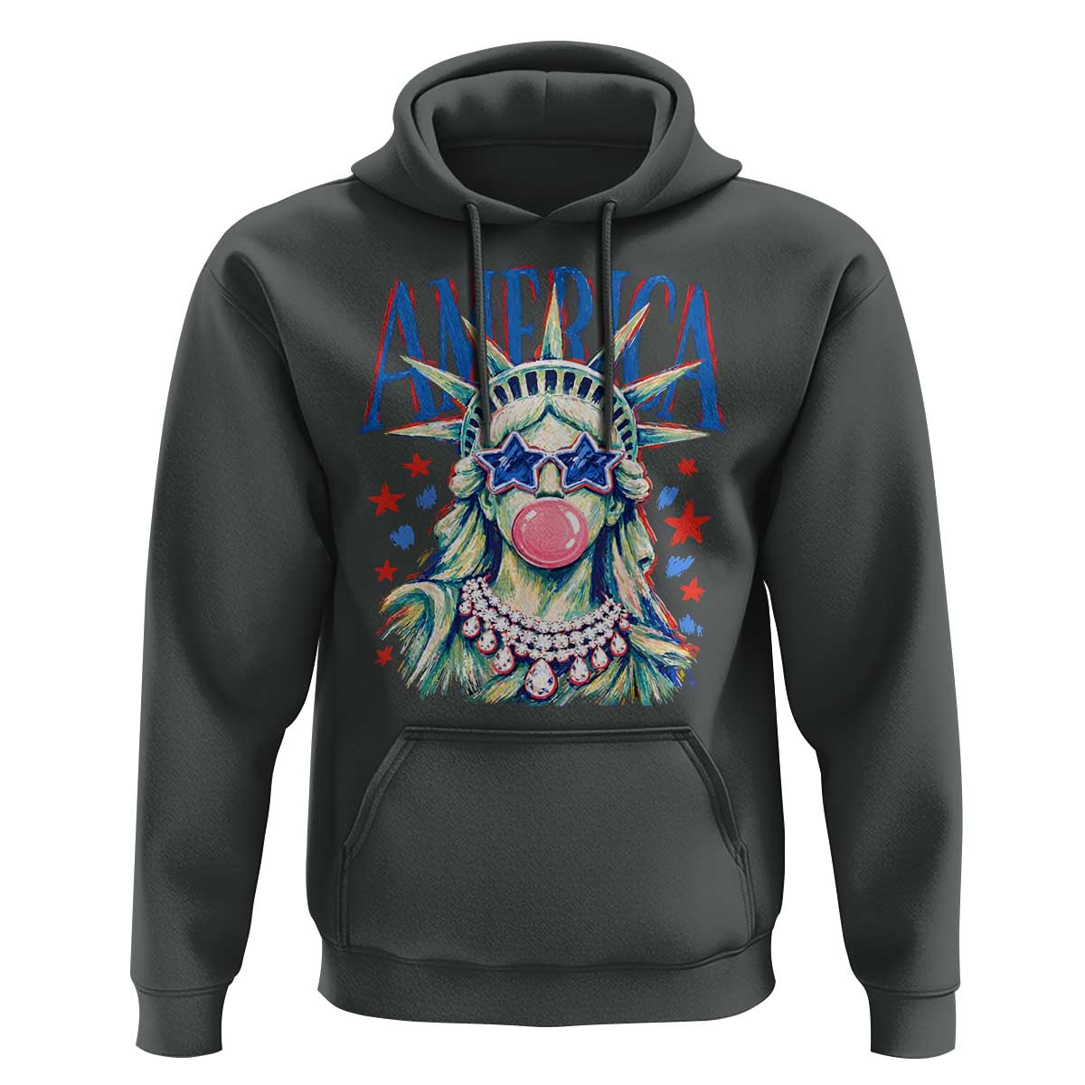 America Statue of Liberty Blowing Bubblegum Hoodie Star and Glasses Patriotic Summer Vibes Graphic