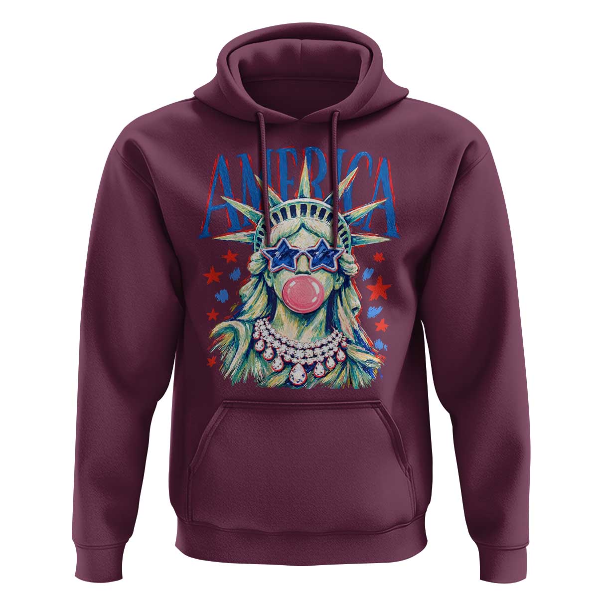 America Statue of Liberty Blowing Bubblegum Hoodie Star and Glasses Patriotic Summer Vibes Graphic