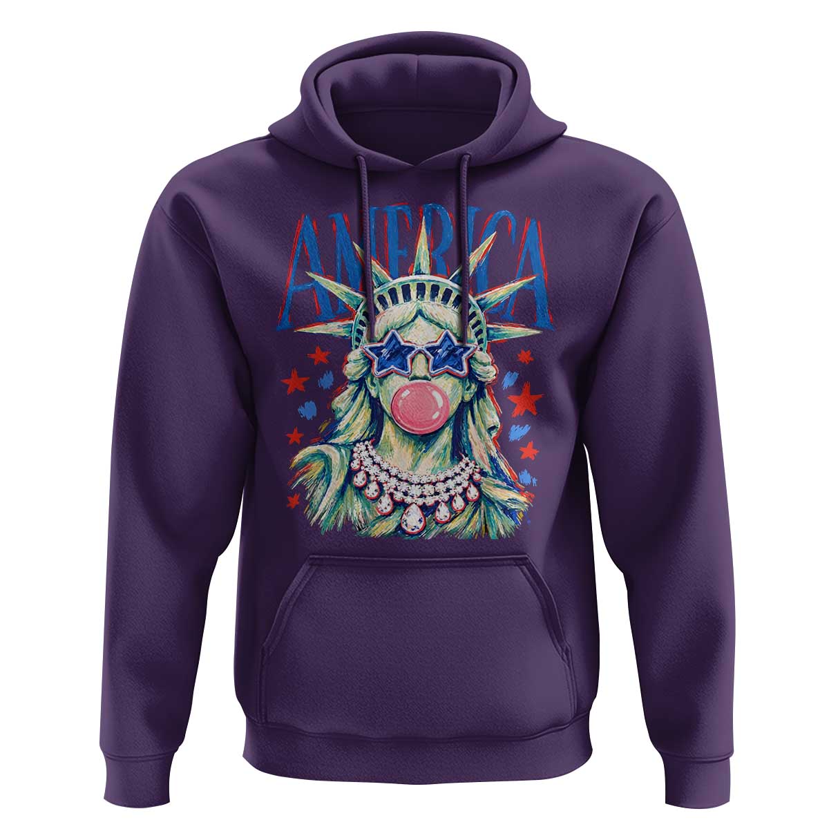 America Statue of Liberty Blowing Bubblegum Hoodie Star and Glasses Patriotic Summer Vibes Graphic