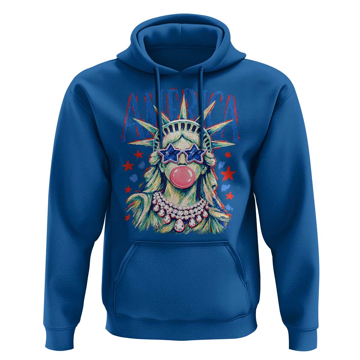 America Statue of Liberty Blowing Bubblegum Hoodie Star and Glasses Patriotic Summer Vibes Graphic