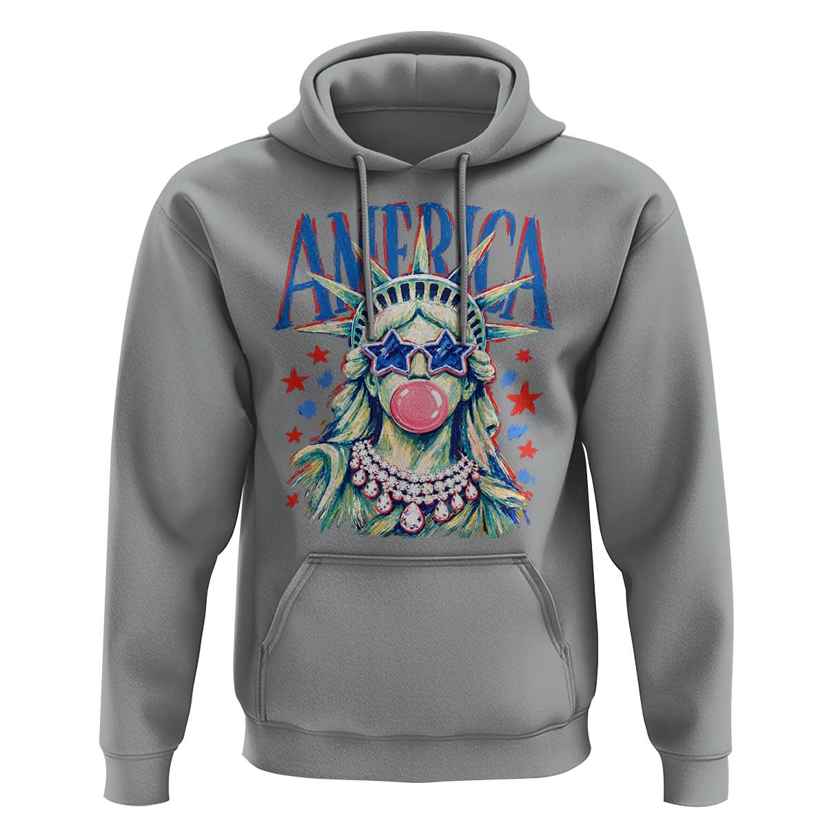 America Statue of Liberty Blowing Bubblegum Hoodie Star and Glasses Patriotic Summer Vibes Graphic