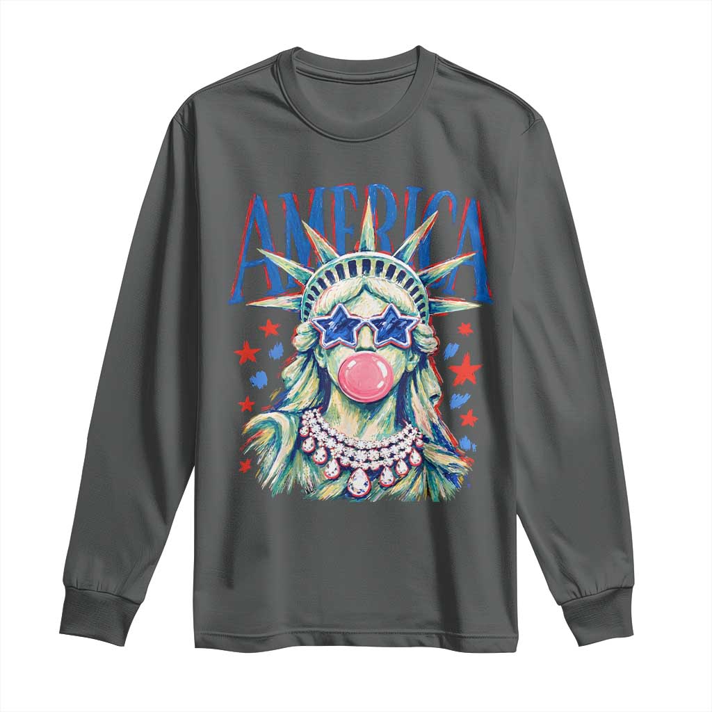 America Statue of Liberty Blowing Bubblegum Long Sleeve Shirt Star and Glasses Patriotic Summer Vibes Graphic