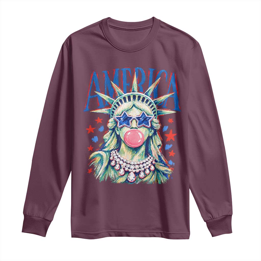 America Statue of Liberty Blowing Bubblegum Long Sleeve Shirt Star and Glasses Patriotic Summer Vibes Graphic