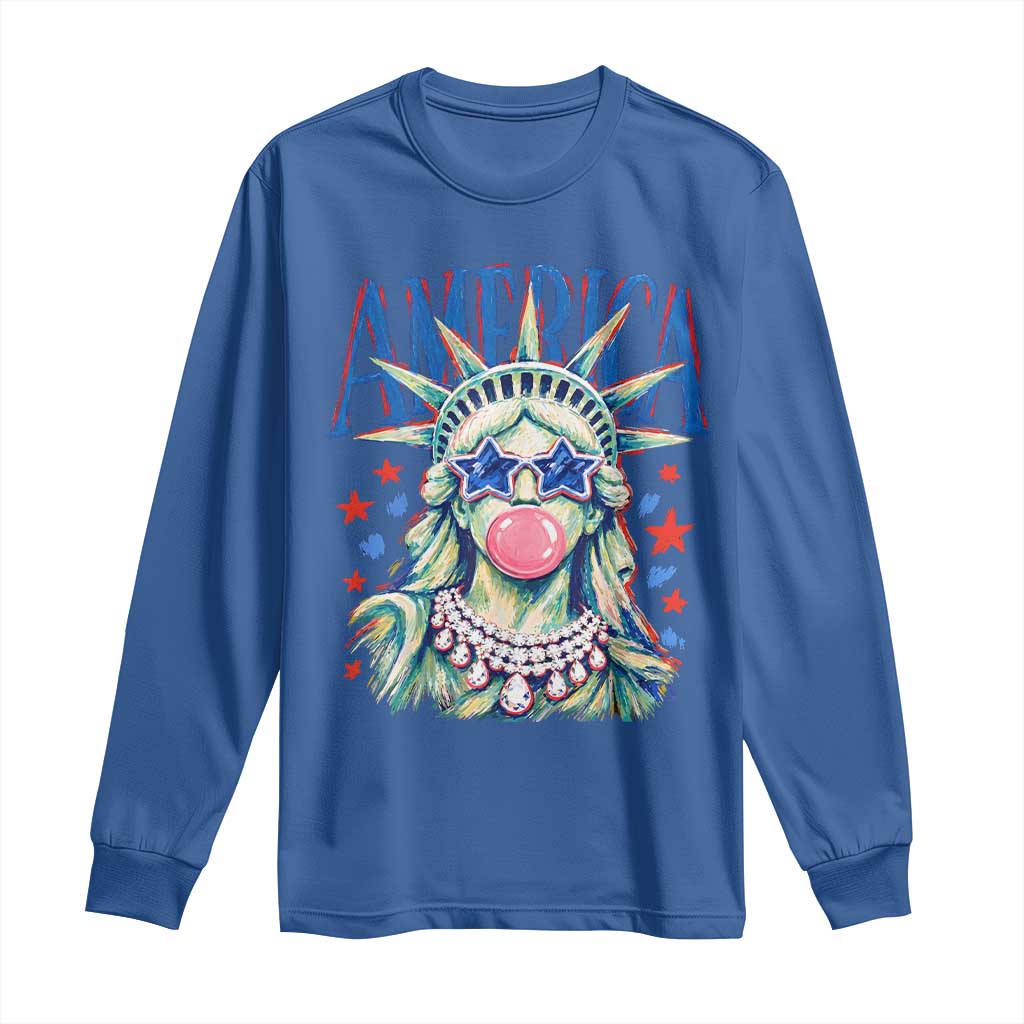America Statue of Liberty Blowing Bubblegum Long Sleeve Shirt Star and Glasses Patriotic Summer Vibes Graphic