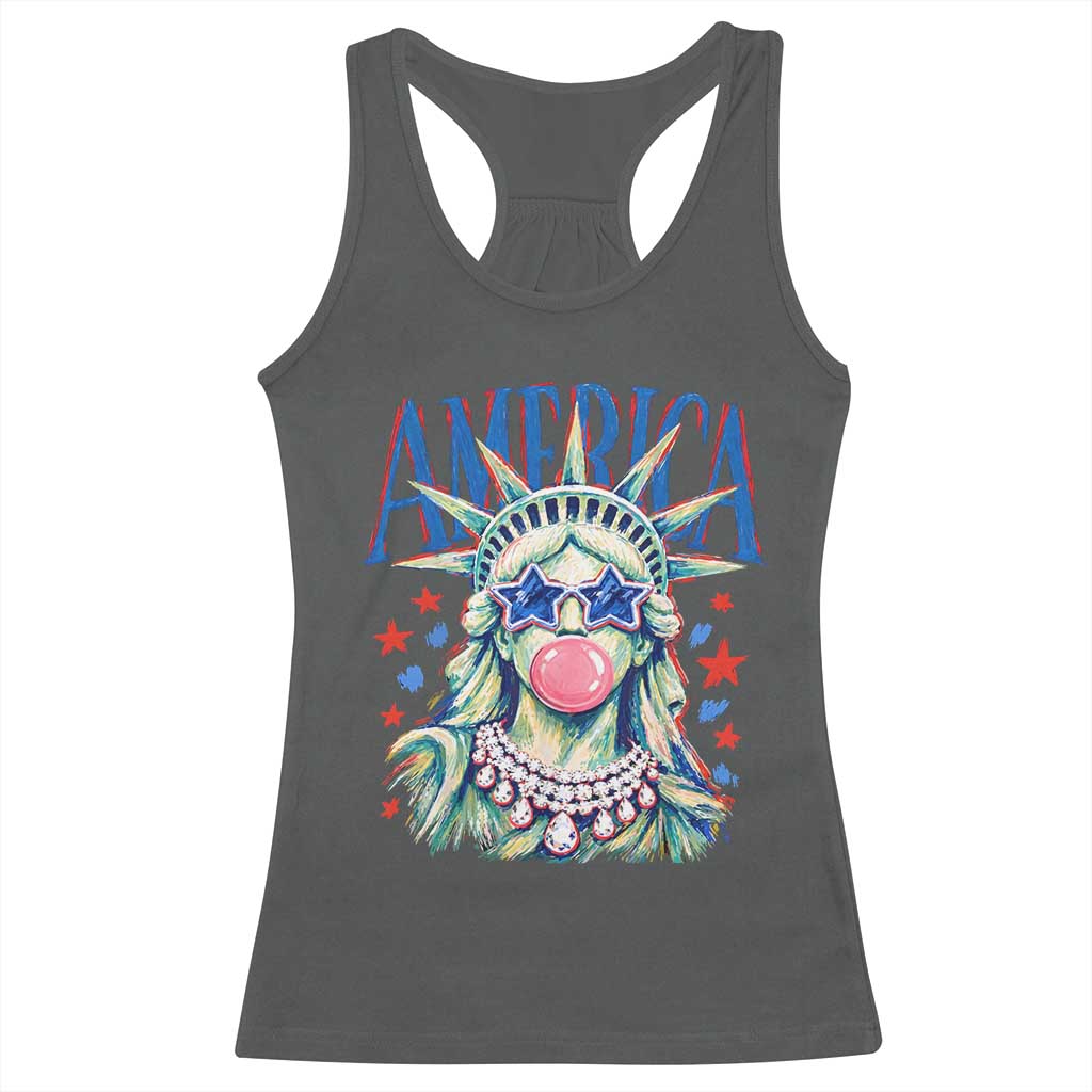 America Statue of Liberty Blowing Bubblegum Racerback Tank Top Star and Glasses Patriotic Summer Vibes Graphic