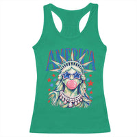 America Statue of Liberty Blowing Bubblegum Racerback Tank Top Star and Glasses Patriotic Summer Vibes Graphic