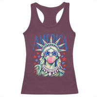 America Statue of Liberty Blowing Bubblegum Racerback Tank Top Star and Glasses Patriotic Summer Vibes Graphic