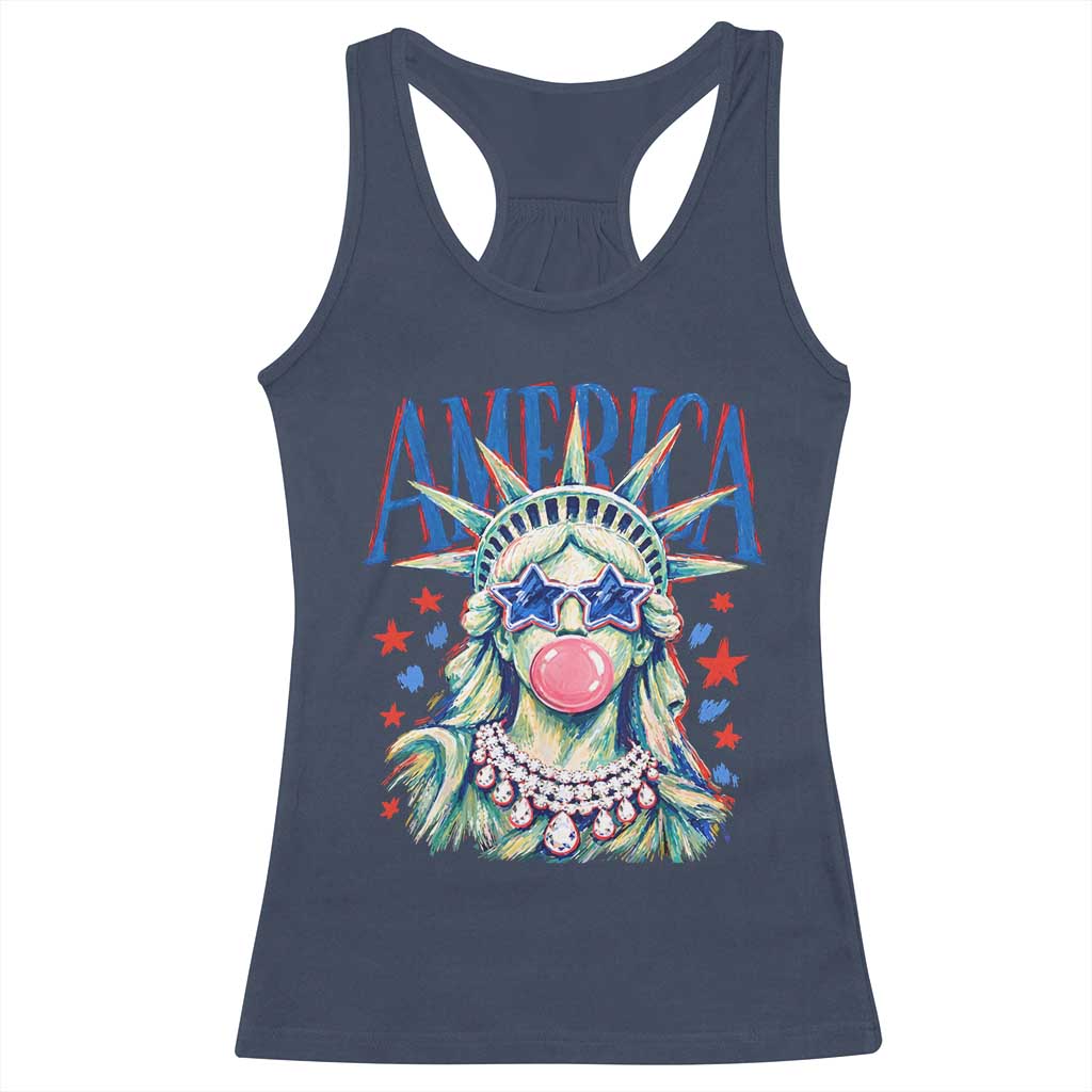 America Statue of Liberty Blowing Bubblegum Racerback Tank Top Star and Glasses Patriotic Summer Vibes Graphic