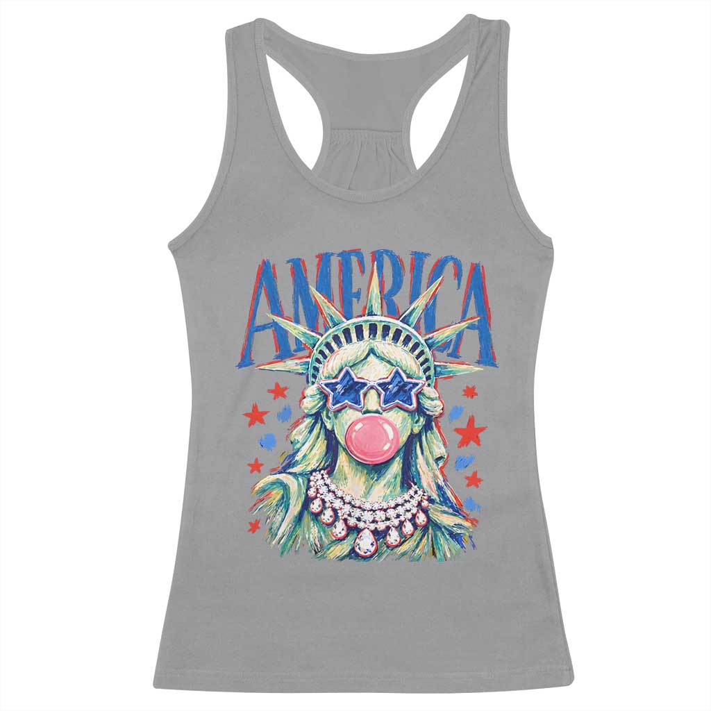 America Statue of Liberty Blowing Bubblegum Racerback Tank Top Star and Glasses Patriotic Summer Vibes Graphic