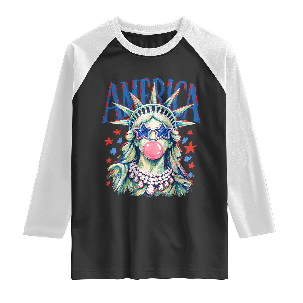 America Statue of Liberty Blowing Bubblegum Raglan Shirt Star and Glasses Patriotic Summer Vibes Graphic