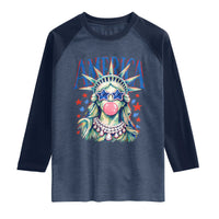 America Statue of Liberty Blowing Bubblegum Raglan Shirt Star and Glasses Patriotic Summer Vibes Graphic